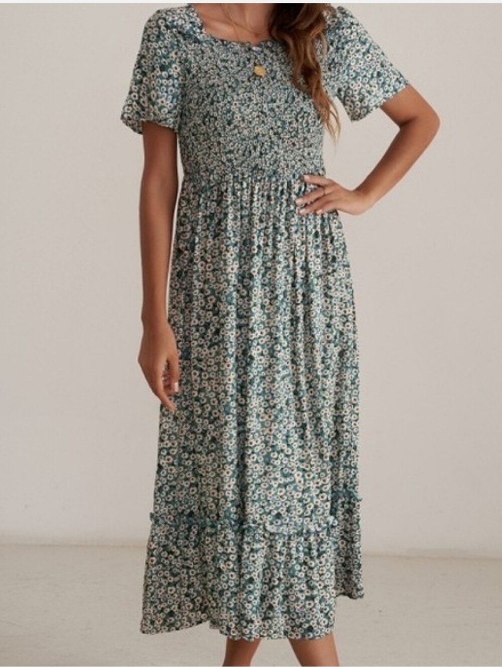 Heyson Cottagecore Floral Smocked Midi Dress Ruffle Sleeve Teal Green M EUC